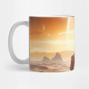 man in spacesuit watching moon from new planet Mug